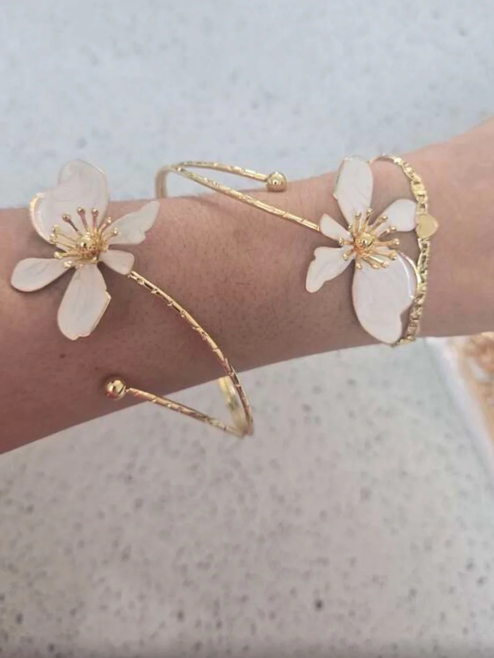 Anthropologie Gold-tone Cuff Bracelet with White Floral Accents